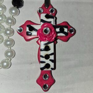 Zebra & Pink Cross Long Pearl Necklace